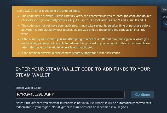 Steam gift card error