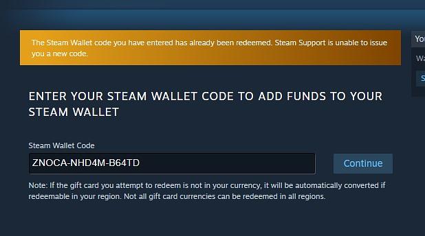 Steam gift card error