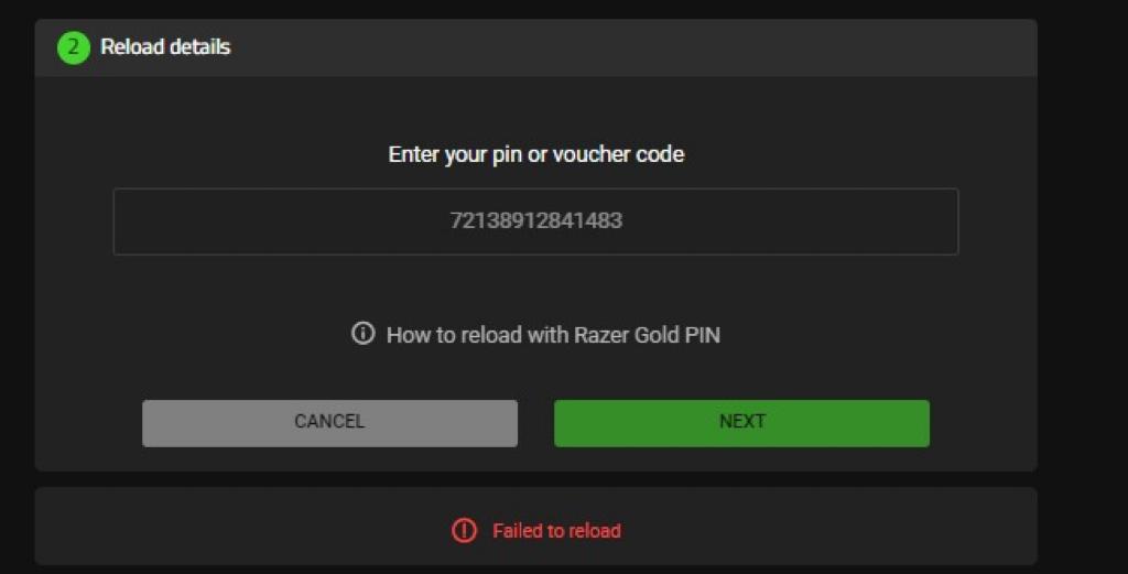 Unable to load Razer Gold gift card error message 
