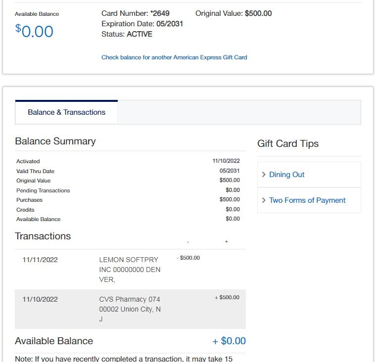 Insufficient AMEX gift card balance