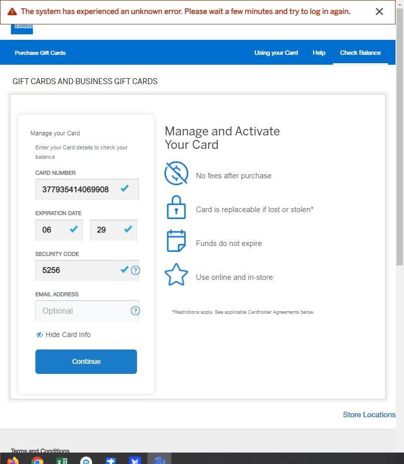 AMEX gift card technical error