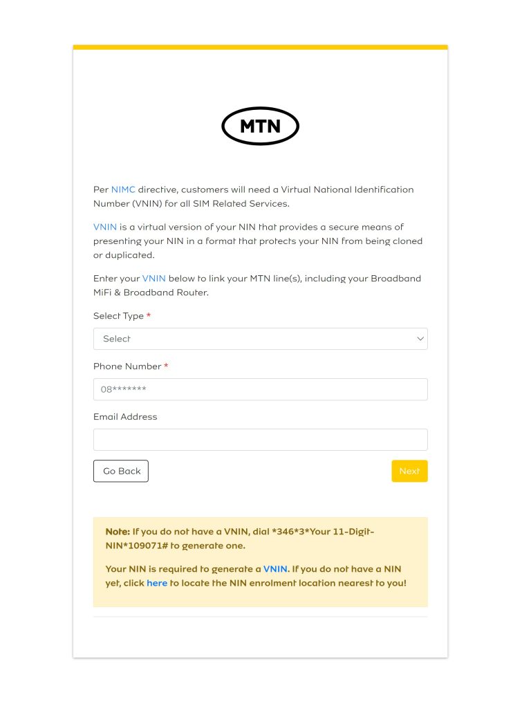 MTN portal for linking NIN